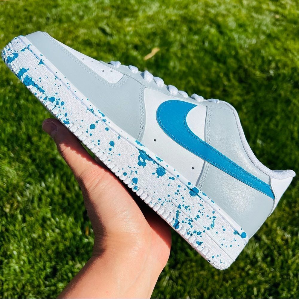 NIKE AIR Force 1 Men's Gray/Turquoise Colorblock Splatter Custom Sneakers NEW - Picture 3 of 6